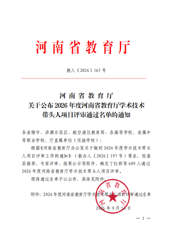 我校教师王鹏、胡阳入选2026年度河南省教育厅学术技术带头人